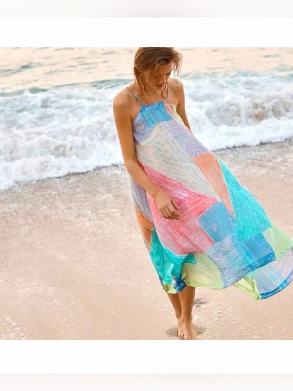 Anthropologie Lilka Annette Pastel Watercolor Patchwork Trapeze Maxi Dress M/L